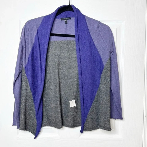 EILEEN FISHER 100% Royal Alpaca Color Block Purple Gray Open Knit Cardigan 2P - Picture 2 of 6
